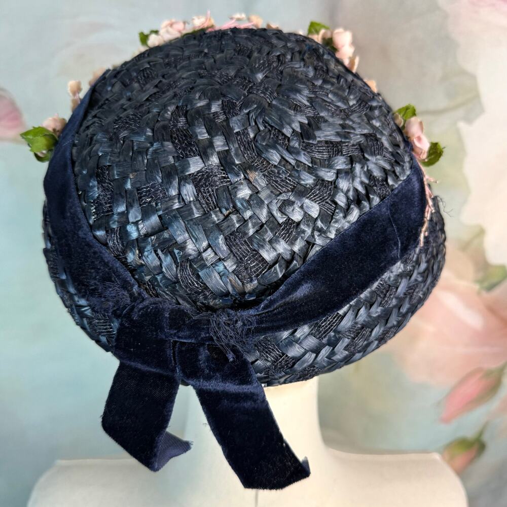 Vintage 40s Navy Blue Straw Flower Detail Velvet … - image 6